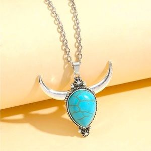 Turquoise Bullhead Necklace, Antique Silver, Turquoise